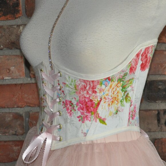 New Reversible Back & Front Lace-up Corset Belt, Floral & Upcycled Demin XS - Picture 1 of 11